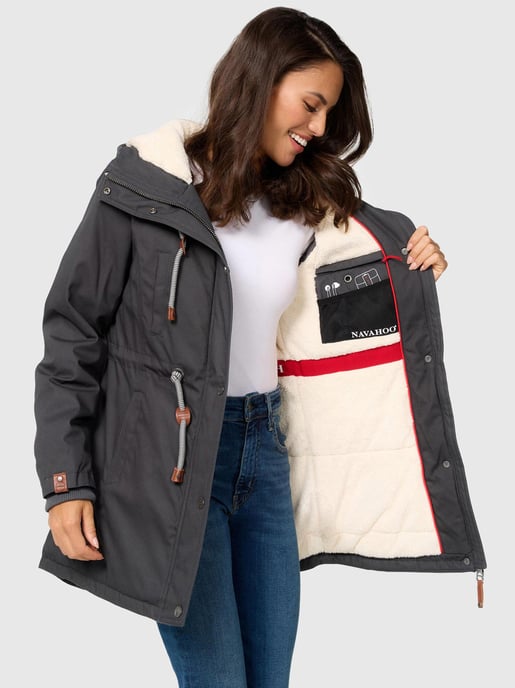 Navahoo Ireliaa Damen Parka – Windabweisende Winterjacke mit Teddyfell & Kapuze - Anthrazit - Image 4