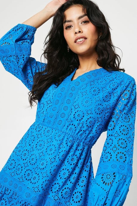 Petite Broderie Trim Detail Puff Sleeve Midi Dress - Image 2
