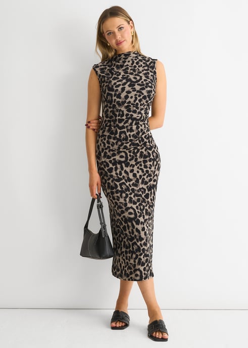 Graues gerüschtes Midikleid mit Tiermuster - Image 1