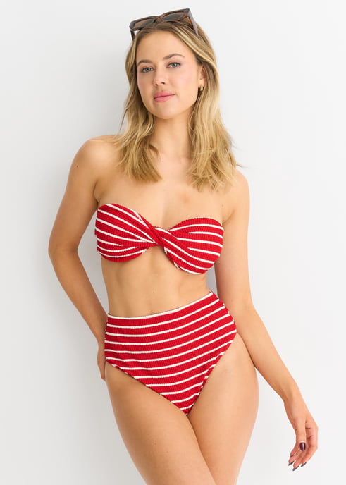 Rotes strukturiertes Bikini-Oberteil mit Streifen und Drehung - Image 1
