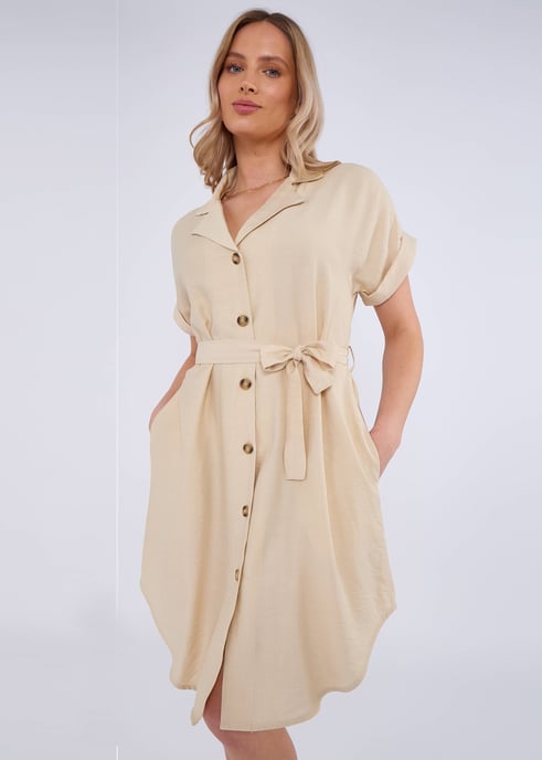 Beigefarbenes Utility-Hemdkleid aus Viskose mit Gürtel und Übergröße - Image 3