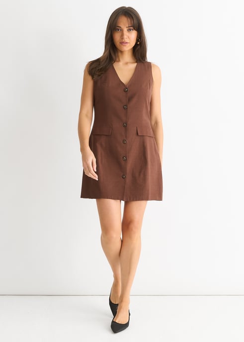Schokoladenfarbenes Leinenhemd mit Knopfleiste Minikleid - Image 1