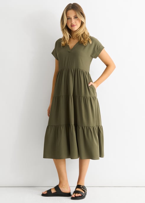 Khaki V-Ausschnitt Taschen-Smock Midikleid - Image 1