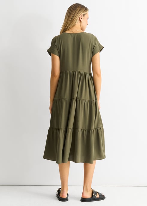 Khaki V-Ausschnitt Taschen-Smock Midikleid - Image 2