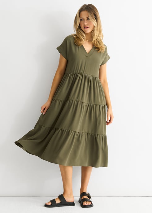 Khaki V-Ausschnitt Taschen-Smock Midikleid - Image 4