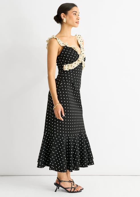 Schwarzes Spot Ruffle Bias Midikleid - Image 4