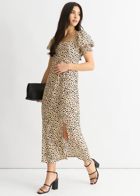 Beigefarbenes Midikleid aus geteilter Viskose mit Tiermuster - Image 4