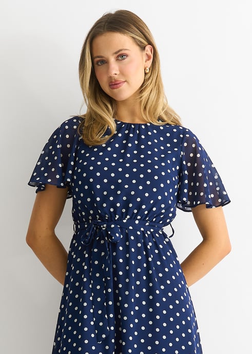 Marineblaues Flecken-Chiffon-Midikleid mit Engelsärmeln - Image 3