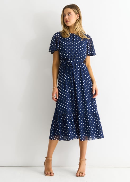 Marineblaues Flecken-Chiffon-Midikleid mit Engelsärmeln - Image 4