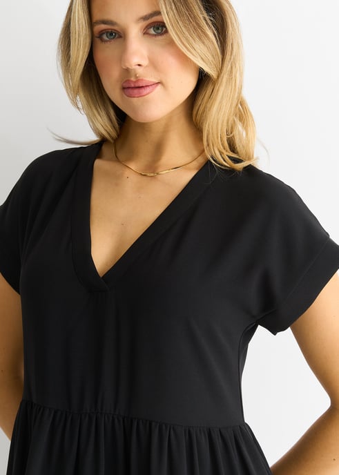 Schwarzes V-Ausschnitt Taschen-Smock Midikleid - Image 3