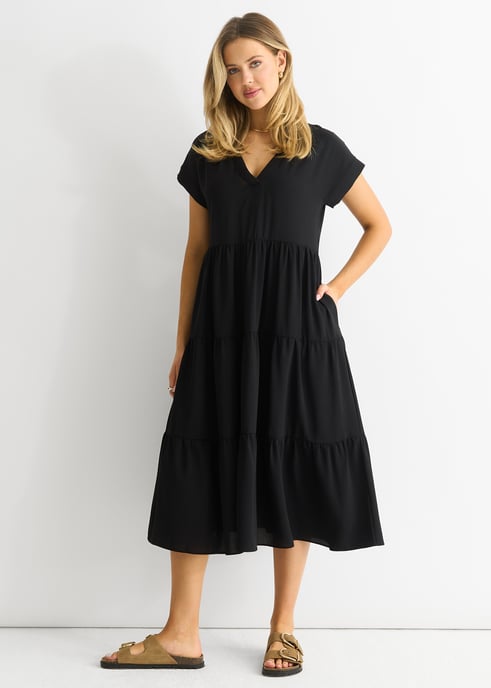 Schwarzes V-Ausschnitt Taschen-Smock Midikleid - Image 4