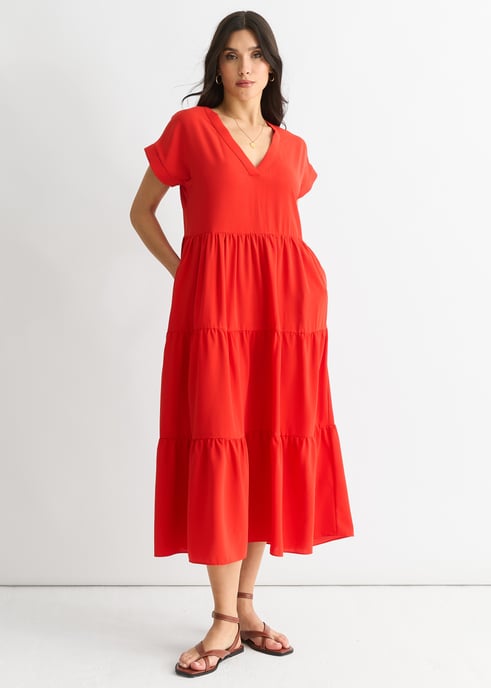 Rotes V-Ausschnitt-Taschen-Smock-Midikleid - Image 1