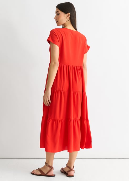 Rotes V-Ausschnitt-Taschen-Smock-Midikleid - Image 2
