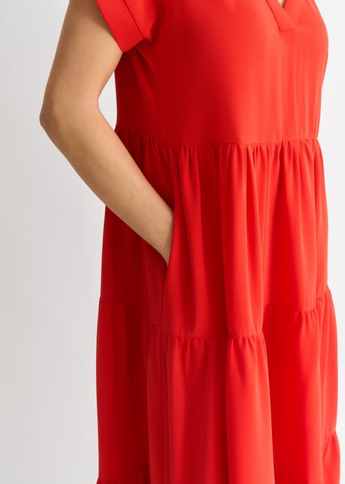 Rotes V-Ausschnitt-Taschen-Smock-Midikleid - Image 3