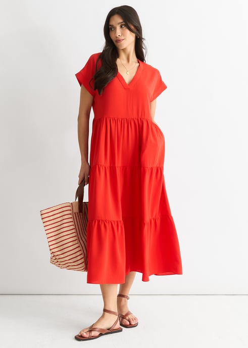 Rotes V-Ausschnitt-Taschen-Smock-Midikleid - Image 4