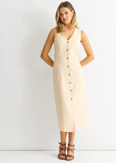 Midikleid aus Stein mit durchgehender Knopfleiste und Taille - Image 1