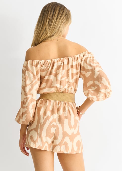 Beige Abstrakter Bardot-Gürtel-Playout aus Viskose - Image 2