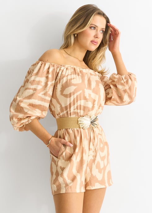 Beige Abstrakter Bardot-Gürtel-Playout aus Viskose - Image 3