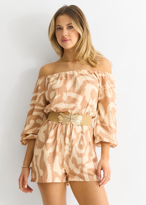 Beige Abstrakter Bardot-Gürtel-Playout aus Viskose - Image 4