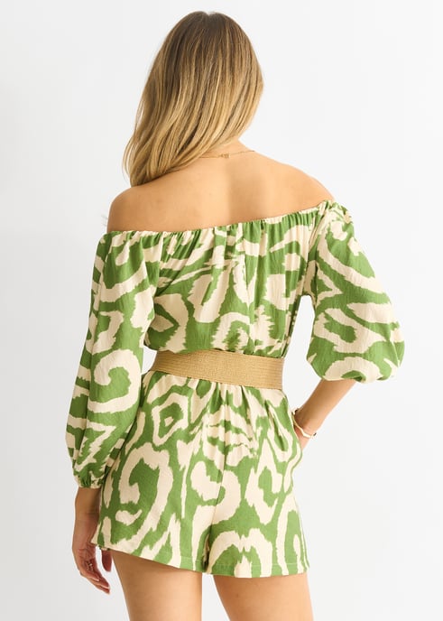 Grüner abstrakter Gürtel-Bardot-Viskose-Strampelanzug - Image 2
