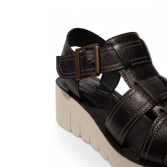 Fly London Damen YUDD236FLY Schwarze Mousse Ledersandalen Espadrille Plateau Wedges - Image 4