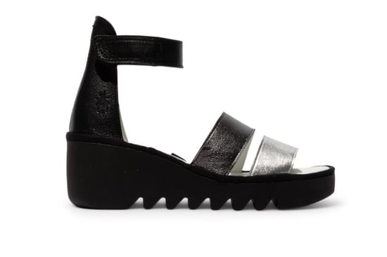 Fly London Damen BONO290FLY Silber Schwarz Idra Leder Sandalen Espadrille Wedges - Image 1