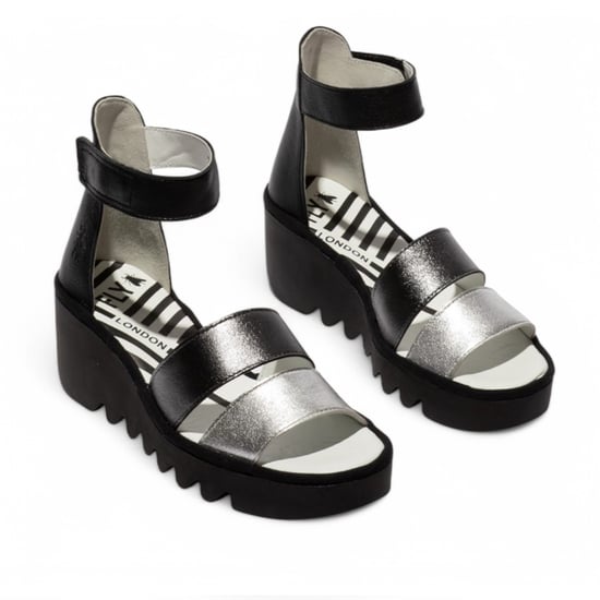 Fly London Damen BONO290FLY Silber Schwarz Idra Leder Sandalen Espadrille Wedges - Image 2