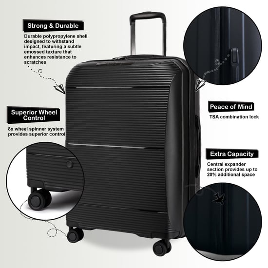 Erweiterbares schwarzes Hartschalen-PP-Kofferset mit 8 Rädern, Reisegepäck, Kabine, Urlaub, Taschen - Image 3