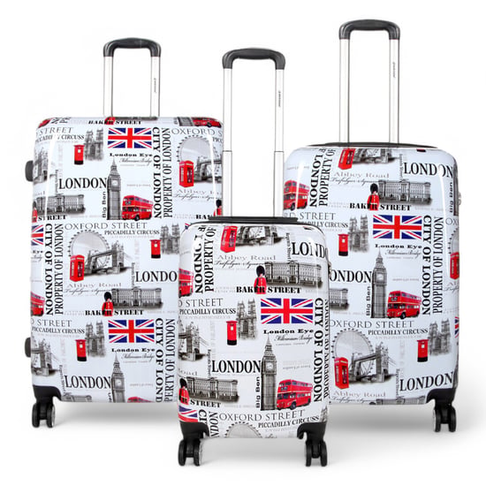 Erweiterbarer Hartschalenkoffer mit 8 Rädern und London-Print in Weiß - Image 1