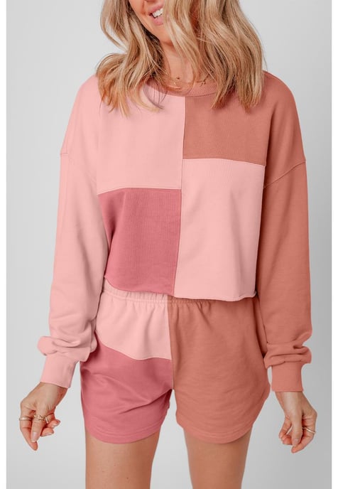 Pfirsichblüten-Farbblock-Patchwork-Langarm-Shorts-Outfit - Image 2