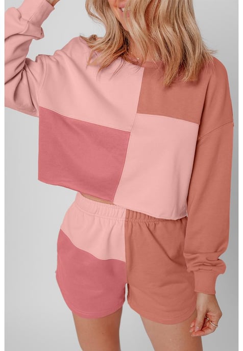Pfirsichblüten-Farbblock-Patchwork-Langarm-Shorts-Outfit - Image 3