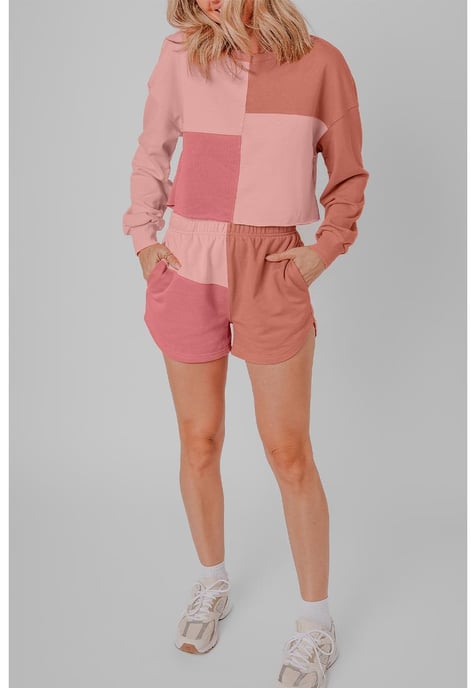 Pfirsichblüten-Farbblock-Patchwork-Langarm-Shorts-Outfit - Image 4