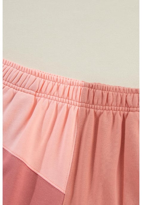 Pfirsichblüten-Farbblock-Patchwork-Langarm-Shorts-Outfit - Image 5