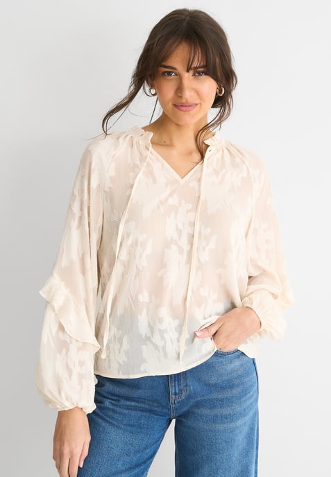 Langärmelige Bluse aus cremefarbenem Jacquard mit Blumenmuster - Image 2