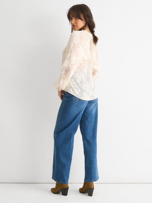 Langärmelige Bluse aus cremefarbenem Jacquard mit Blumenmuster - Image 3