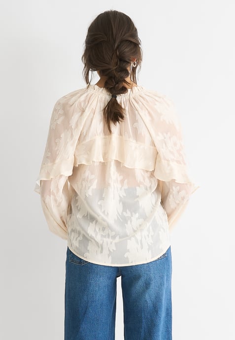 Langärmelige Bluse aus cremefarbenem Jacquard mit Blumenmuster - Image 4