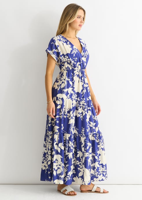 Blaues geblümtes Maxikleid mit elastischer Taille - Image 3