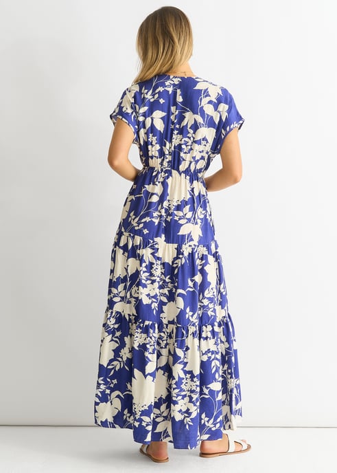 Blaues geblümtes Maxikleid mit elastischer Taille - Image 4