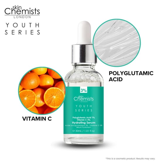 skinChemists Jugendserie Hydratisierendes Serum Polyglutaminsäure 1%, Vitamin C 3% 30ml - Image 3