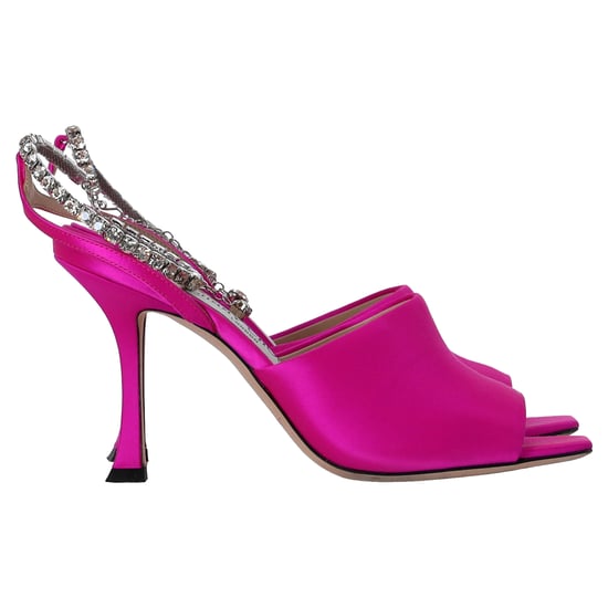 Jimmy Choo Saeda 90 Sandalen mit Kristallkettendekoration aus pinkem Satin - Image 1