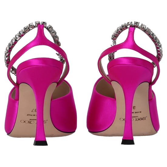 Jimmy Choo Saeda 90 Sandalen mit Kristallkettendekoration aus pinkem Satin - Image 4