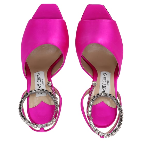 Jimmy Choo Saeda 90 Sandalen mit Kristallkettendekoration aus pinkem Satin - Image 5