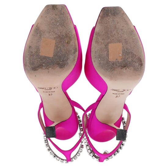 Jimmy Choo Saeda 90 Sandalen mit Kristallkettendekoration aus pinkem Satin - Image 6