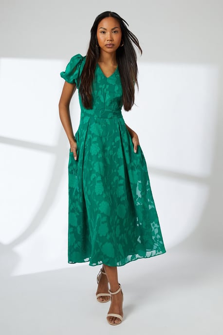 Green Floral Jacquard Puff Sleeve Midi Dress - Image 1