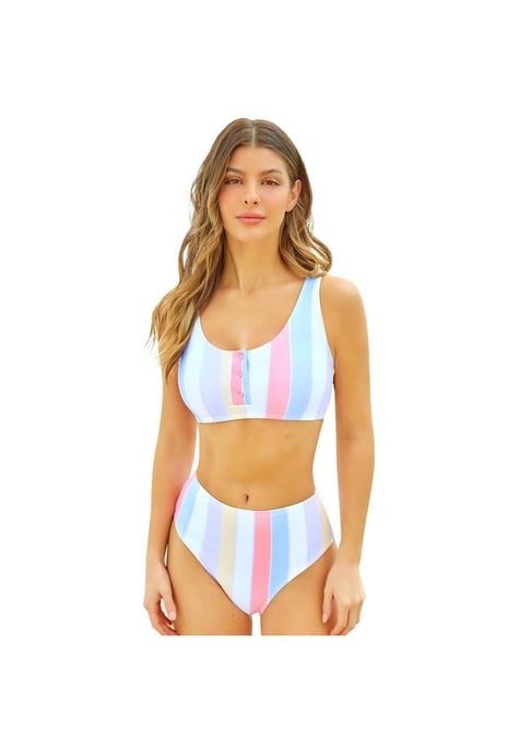 Damen High Waisted Striped Bikini Set Pastell Stripe Bikini - High Waisted Badeanzug Damen Mehrfarbiges Button-Front Bikini Set - Image 3