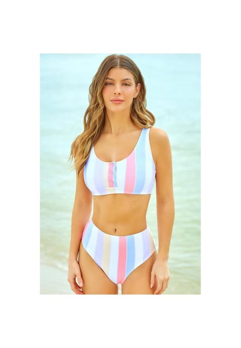 Damen High Waisted Striped Bikini Set Pastell Stripe Bikini - High Waisted Badeanzug Damen Mehrfarbiges Button-Front Bikini Set - Image 4