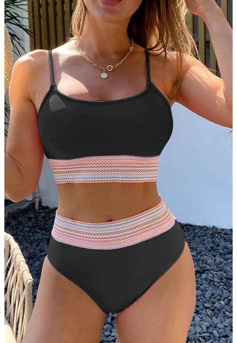 Schwarzer gestreifter Patchwork-Spaghetti-Träger Hochbund-Bikini Badeanzug - Image 1