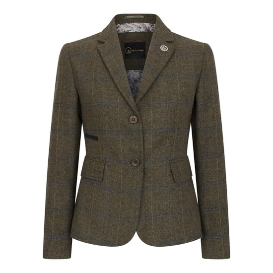 Olivgrüner Tailored Fit Tweed-Blazer mit Fischgrätenmuster für Damen - Image 1