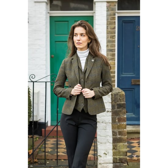 Olivgrüner Tailored Fit Tweed-Blazer mit Fischgrätenmuster für Damen - Image 2