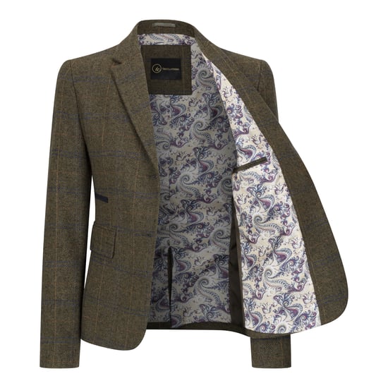Olivgrüner Tailored Fit Tweed-Blazer mit Fischgrätenmuster für Damen - Image 3